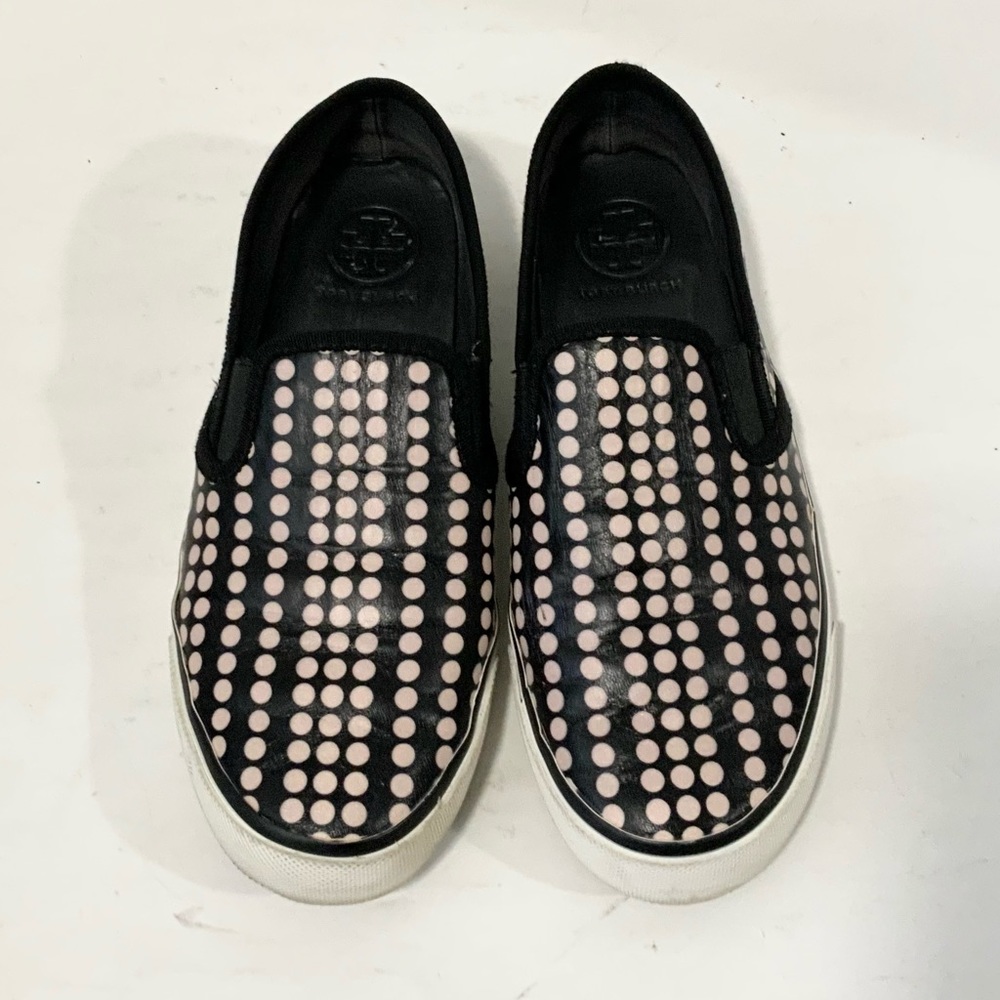 Tory Burch Women’s Pink And Black Polka Dot Leather Slip On Sneakers Size 7